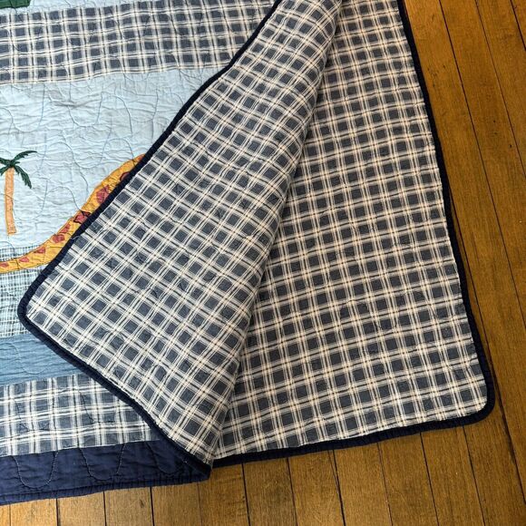 Pottery Barn Kids Twin Dinosaur Quilt Blue Denim Plaid Patchwork Rare - Picture 6 of 9